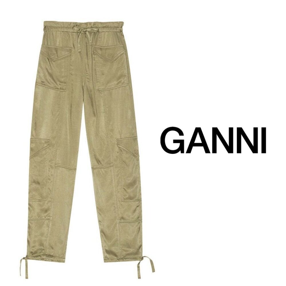 GANNI Washed Satin Cargo Pants in Aloe 38/6 NWOT